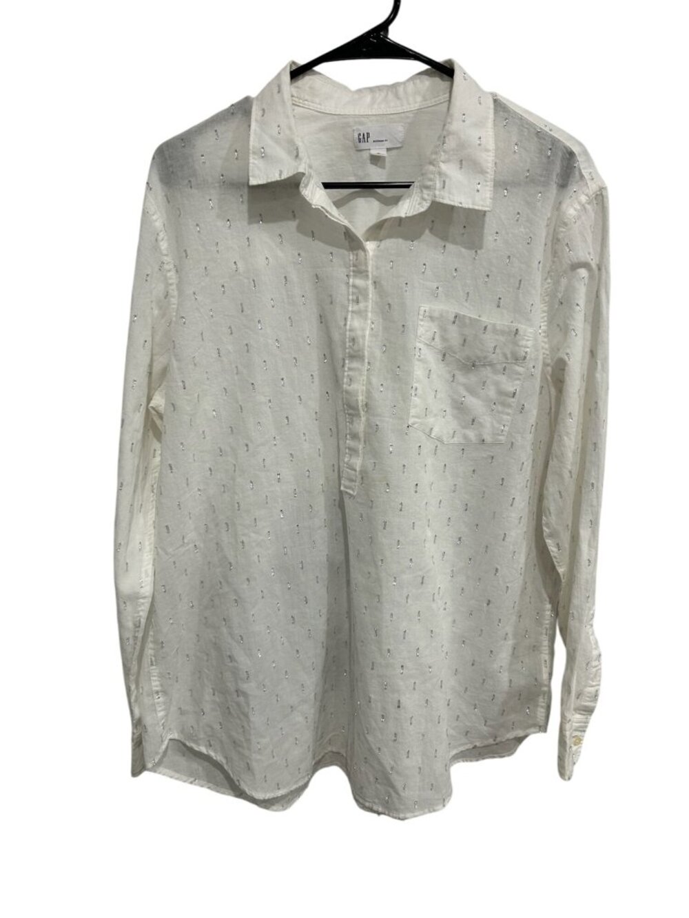 Gap Boyfriend Fit Button Up Shirt White Silver Sz XL Collared Metallic Career
